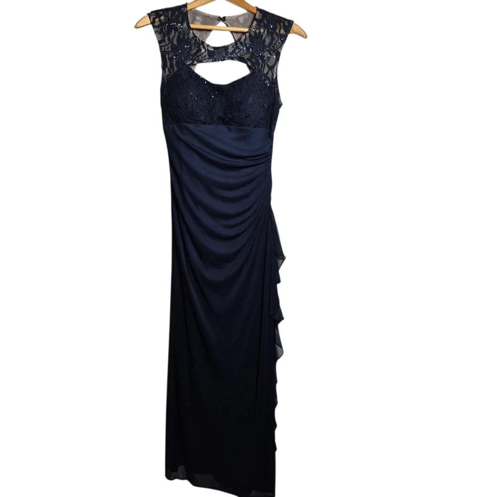 Navy Blue Formal Betsy & Adam Dress Size 6 Lace Sequin‎ Cutout Ruched Gown